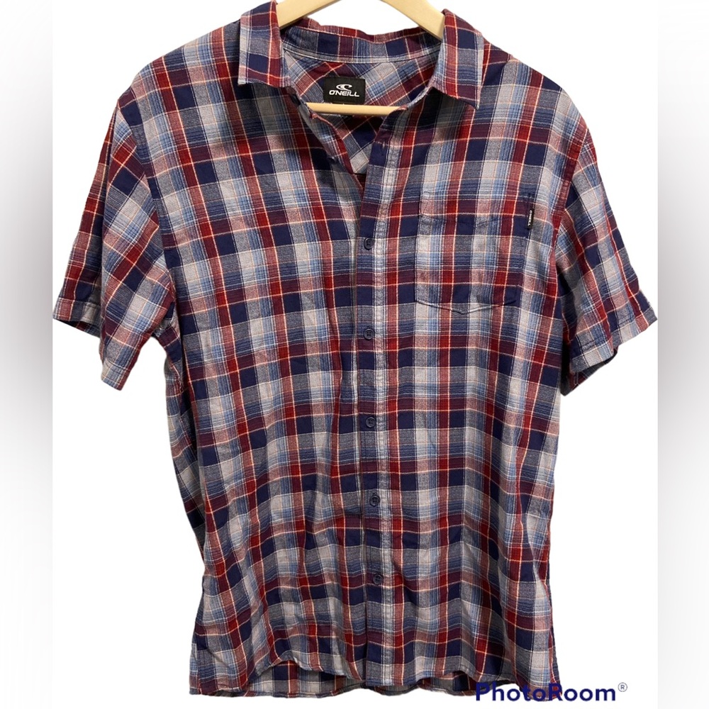 O’Neill Men’s SS navy blue/red button up plaid size large EUC!